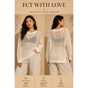 FCT WITH LOVE Cream Open Knit Crochet Sweater 2X Honeycomb Mesh Boho X4K2426S